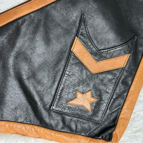 TIMMY WOODS 1977 Vintage Leather Triangle Wristlet Handbag Purse Pouch Black Tan - Picture 3 of 6